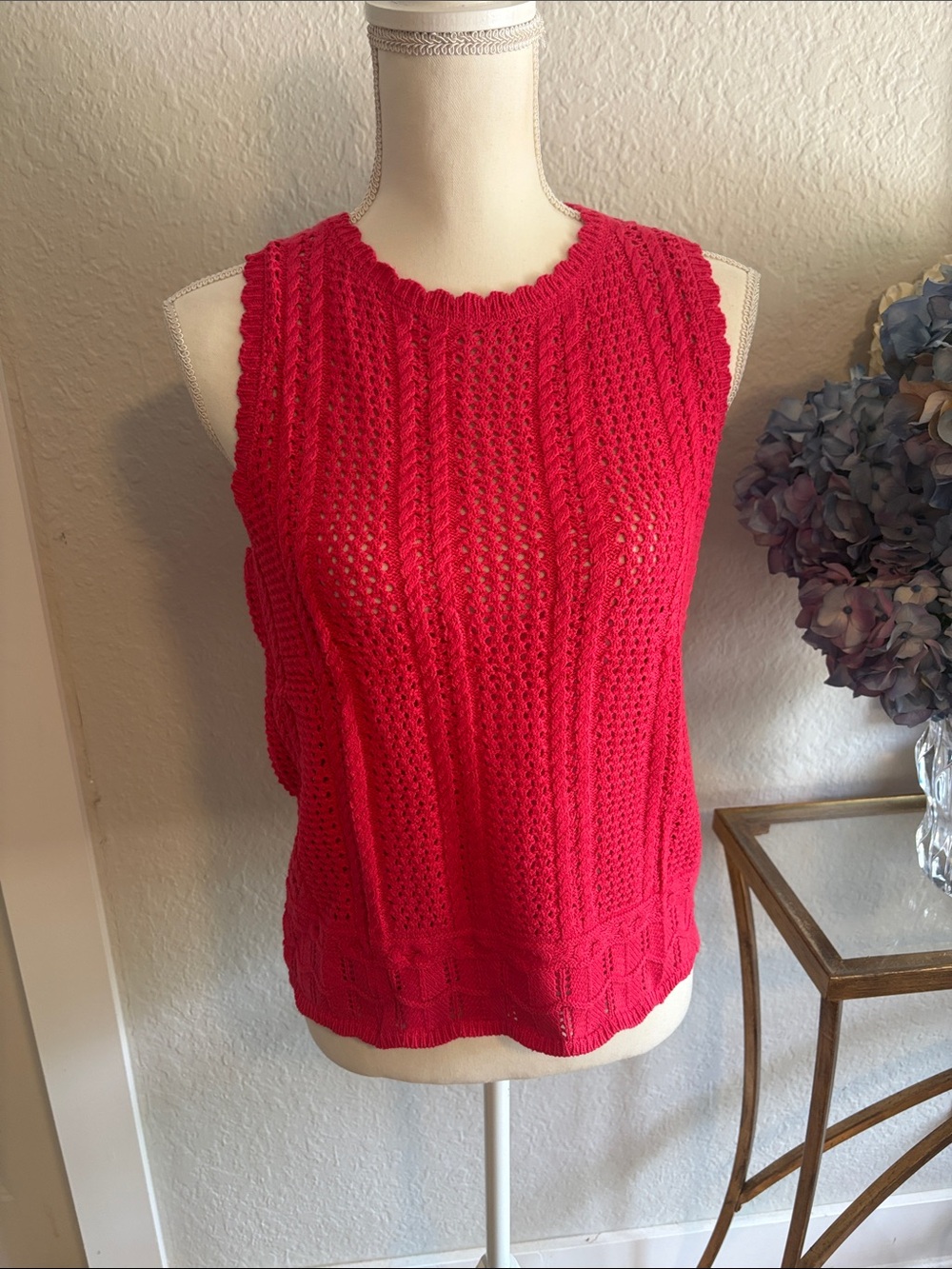 Sleeveless Crochet Knit Tank Top or Vest  in Bright Pinkish Red